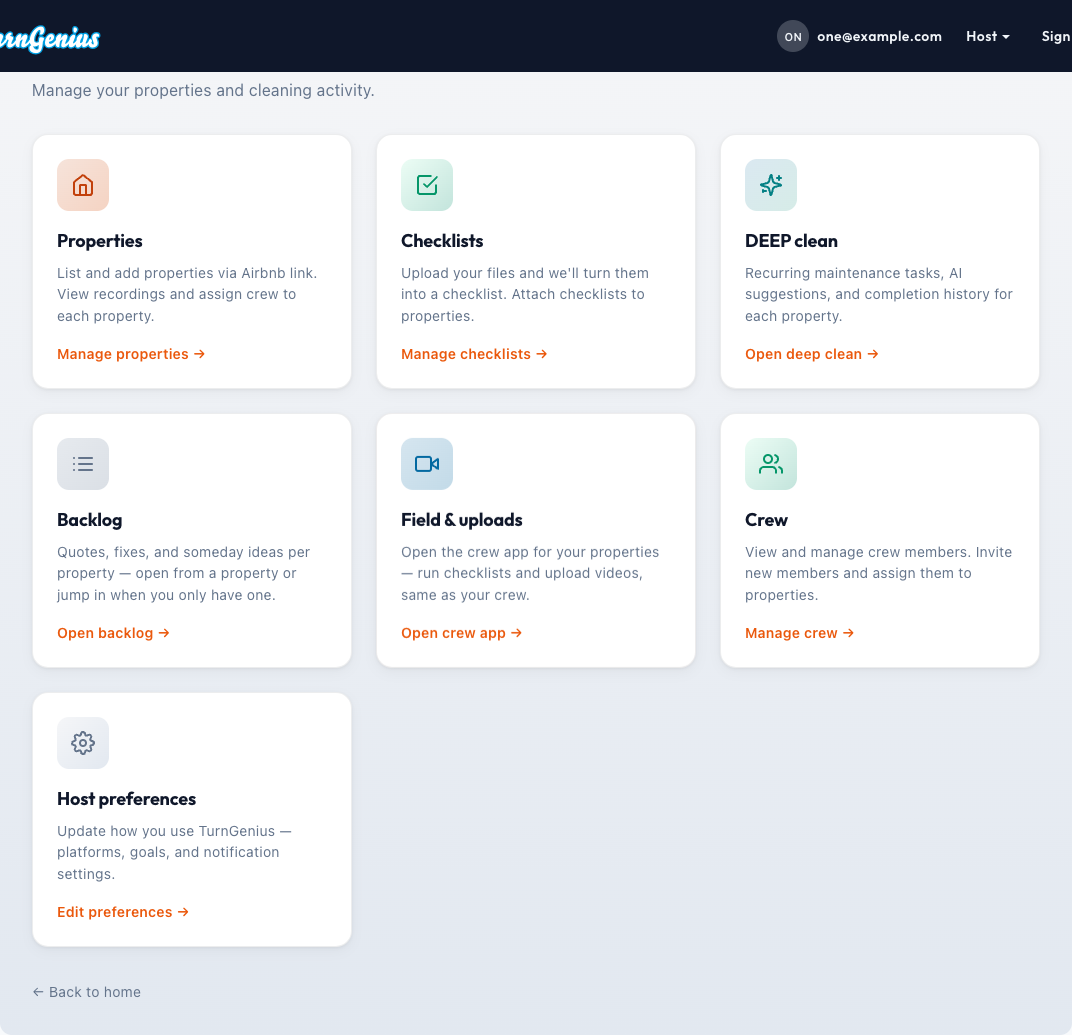 Host dashboard with property and checklist shortcuts (sample from the test app)